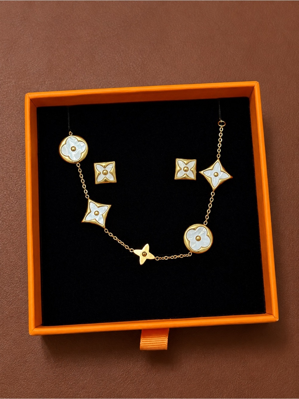 Gold and White Floral Motif Bracelet with Matching Stud Earrings - Picture 6 of 6